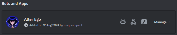 Alter Ego listed under Bots and Apps