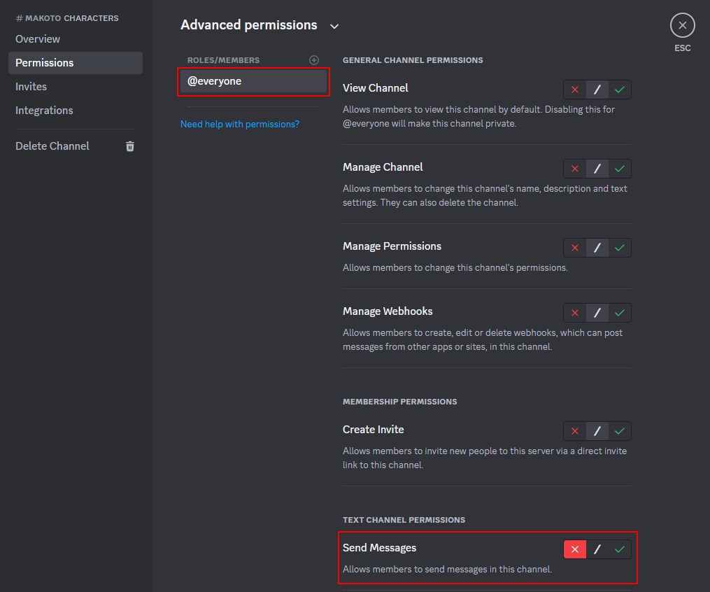 Disabling @everyone's permission from sending messages in a channel